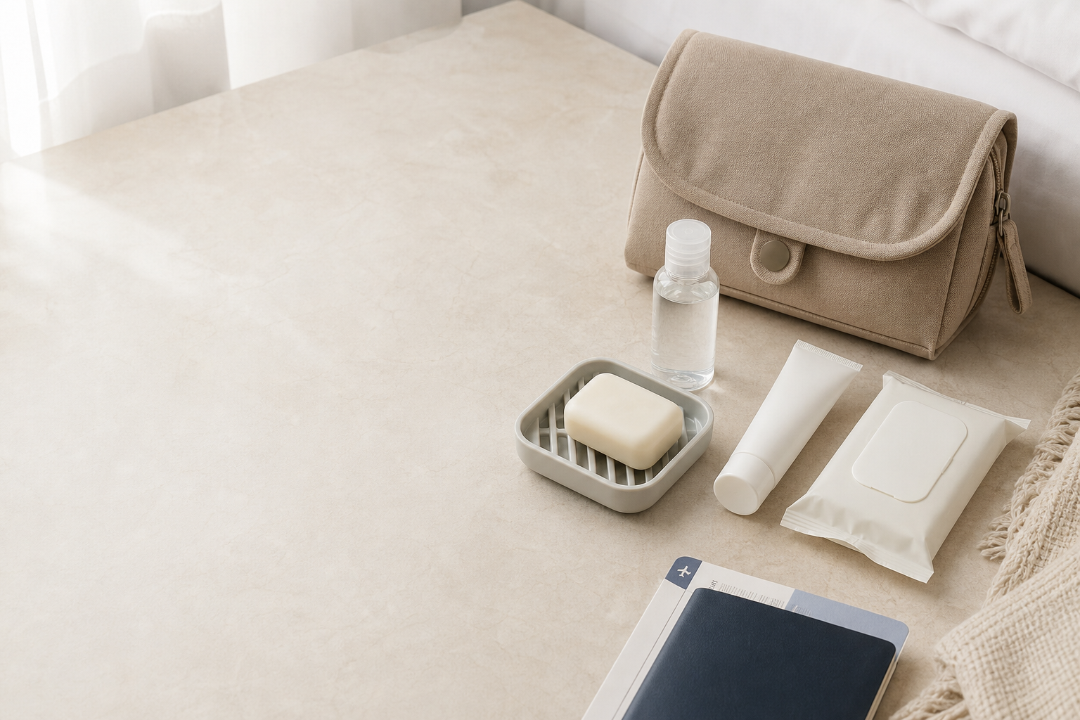 Travel hygiene kit with soap, sanitizer, wipes, moisturizer, and toiletry pouch